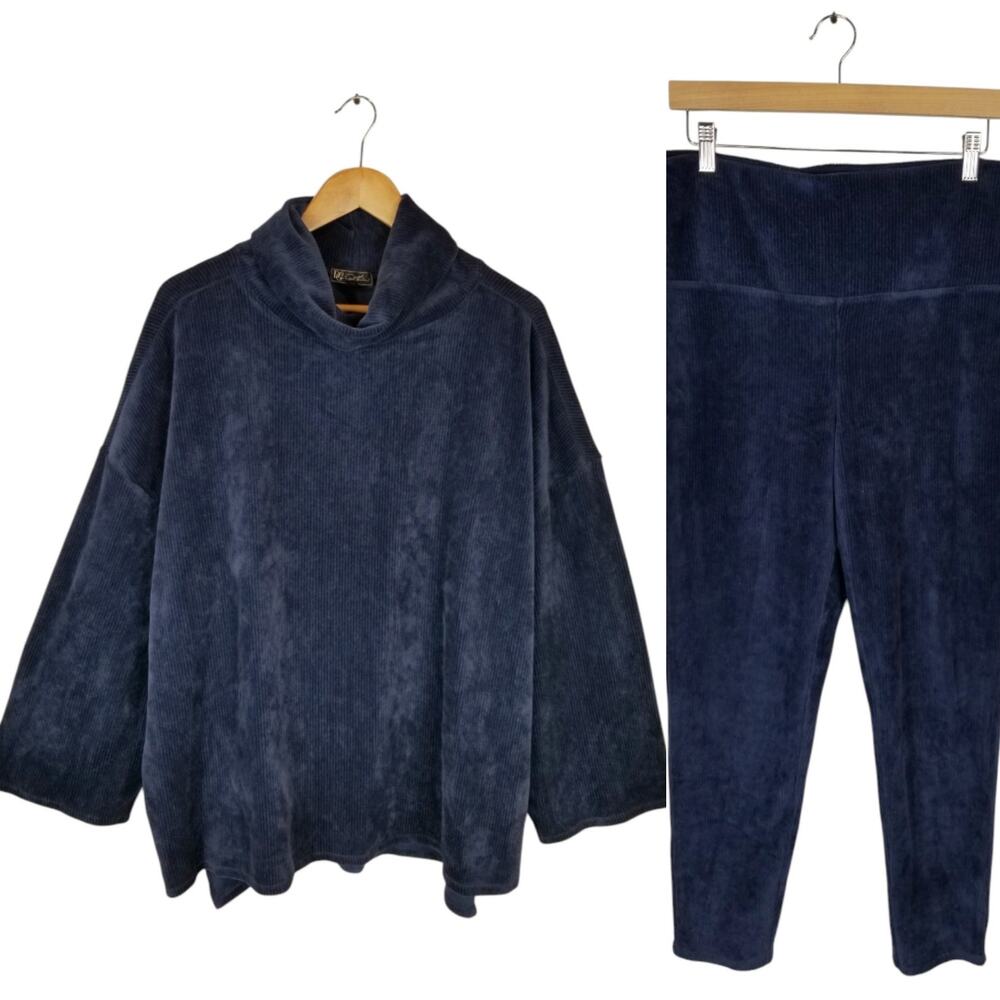 DG2 Diane Gilman Navy Blue Ribbed Cowl Neck Sweater Pants Lounge Set Women's XL